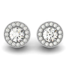 Load image into Gallery viewer, 14k White Gold Round Diamond Halo Milgrain Border Earrings (3/4 cttw)
