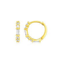 Load image into Gallery viewer, 14k Yellow Gold Petite Hoop Earrings with Baguette Cubic Zirconias
