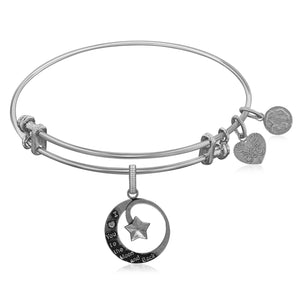 Expandable White Tone Brass Bangle with Love You To The Moon and Back Symbol
