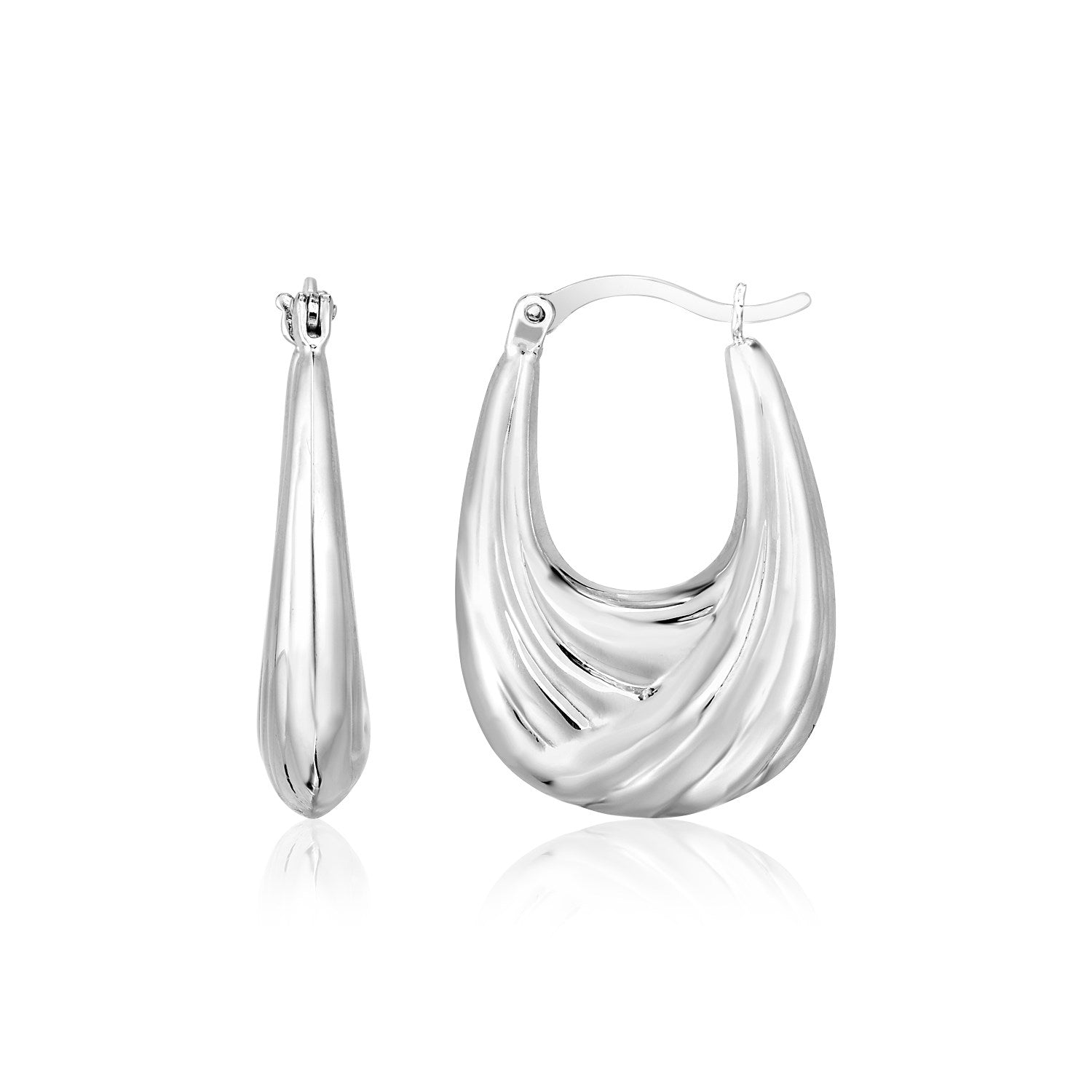 Sterling Silver Polished Puffed Hoop Earrings with Drapery Texture