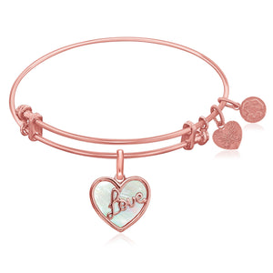 Expandable Pink Tone Brass Bangle with Love and Mother of Pearl