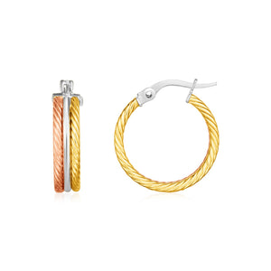 14k Tri Color Gold Three Part Textured Hoop Earrings