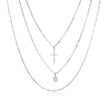 Load image into Gallery viewer, Sterling Silver 18 inch Three Strand Necklace with Cross and Religious Medal
