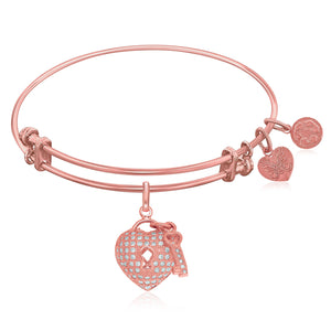 Expandable Rose Tone Brass Bangle with Heart and Key with Cubic Zirconia