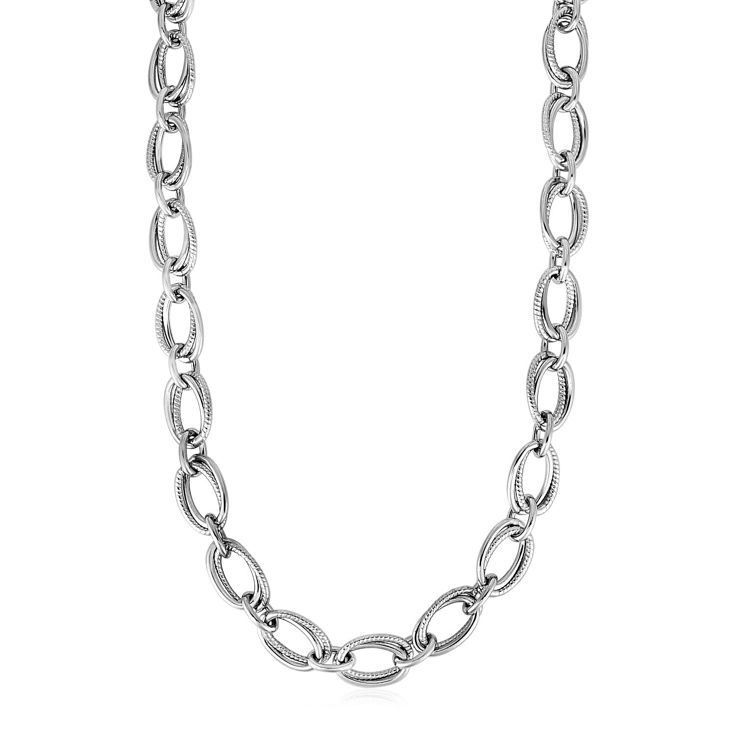 Polished and Textured Oval Link Necklace in Sterling Silver