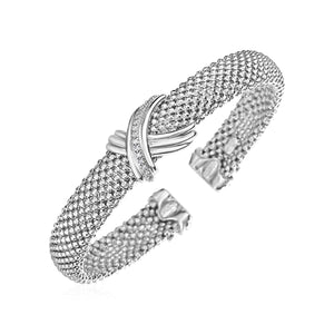 Popcorn Texture Cuff Bangle with X Motif and Diamonds in Sterling Silver