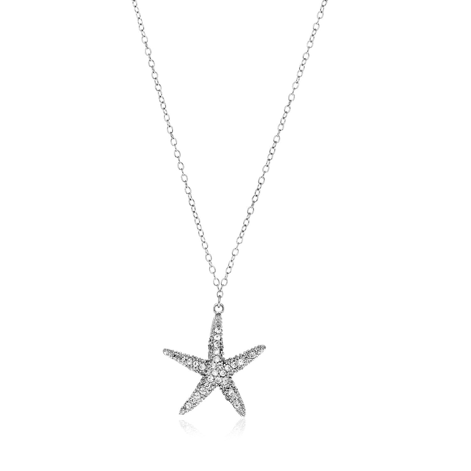 Sterling Silver Large Starfish Necklace with Cubic Zirconias