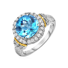 Load image into Gallery viewer, Round Blue Topaz and White Sapphire Ring in 18k Yellow Gold and Sterling Silver
