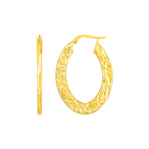 14k Yellow Gold Textured Flat Oval Hoop Earrings
