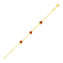 Load image into Gallery viewer, 14k Yellow Gold 5 1/2 inch Childrens Bracelet with Enameled Strawberries
