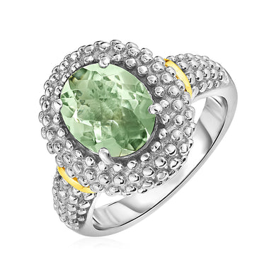 Ring with Oval Green Amethyst in 18k Yellow Gold & Sterling Silver