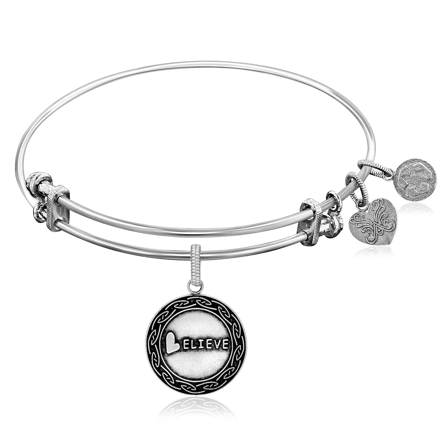 Expandable White Tone Brass Bangle with Believe Symbol