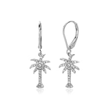 Load image into Gallery viewer, Sterling Silver Palm Tree Dangle Earrings with Cubic Zirconias
