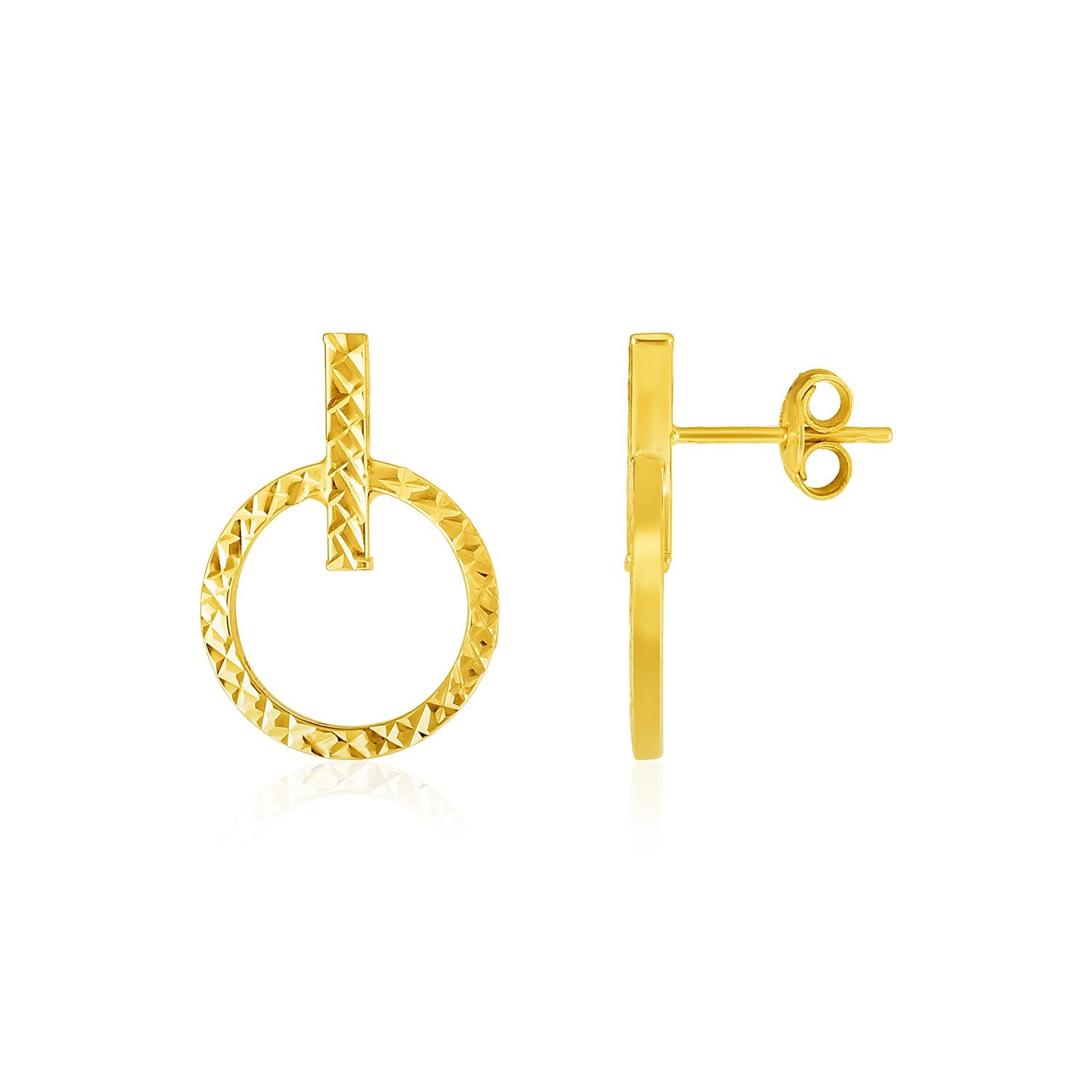 14k Yellow Gold Textured Circle and Bar Post Earrings