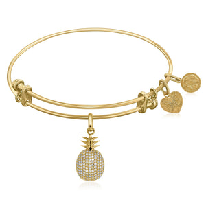Expandable Yellow Tone Brass Bangle with Pineapple Symbol with Cubic Zirconia