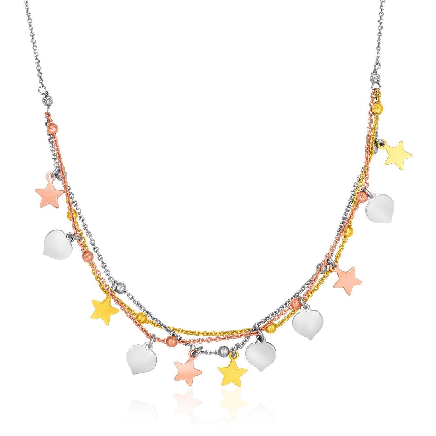 Sterling Silver 18 inch Three Toned Necklace with Polished Hearts and Stars