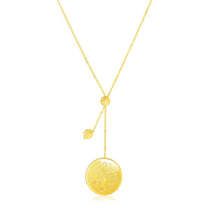 14k Yellow Gold Lariat Style Necklace with Tree of Life Pendant