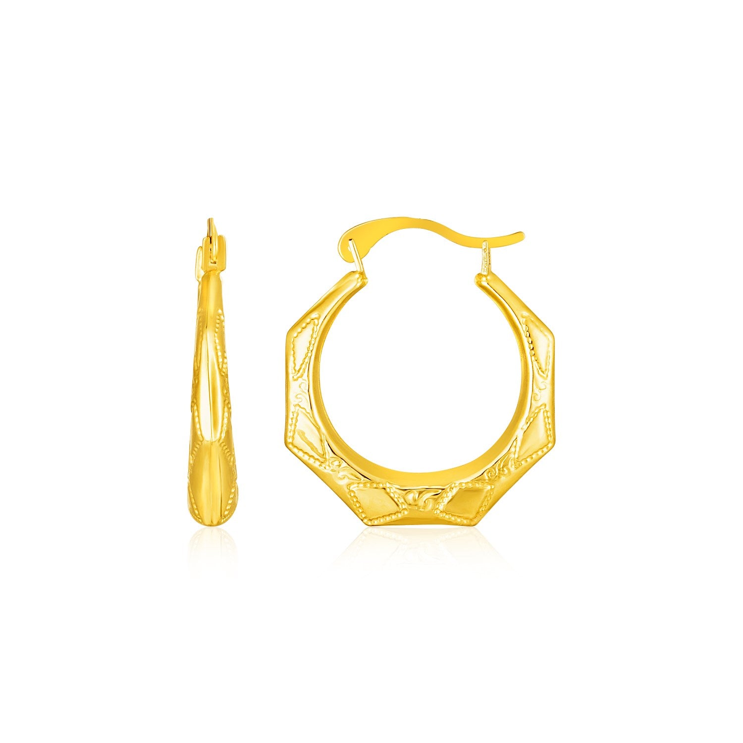 14k Yellow Gold Textured Octagonal Hoop Earrings