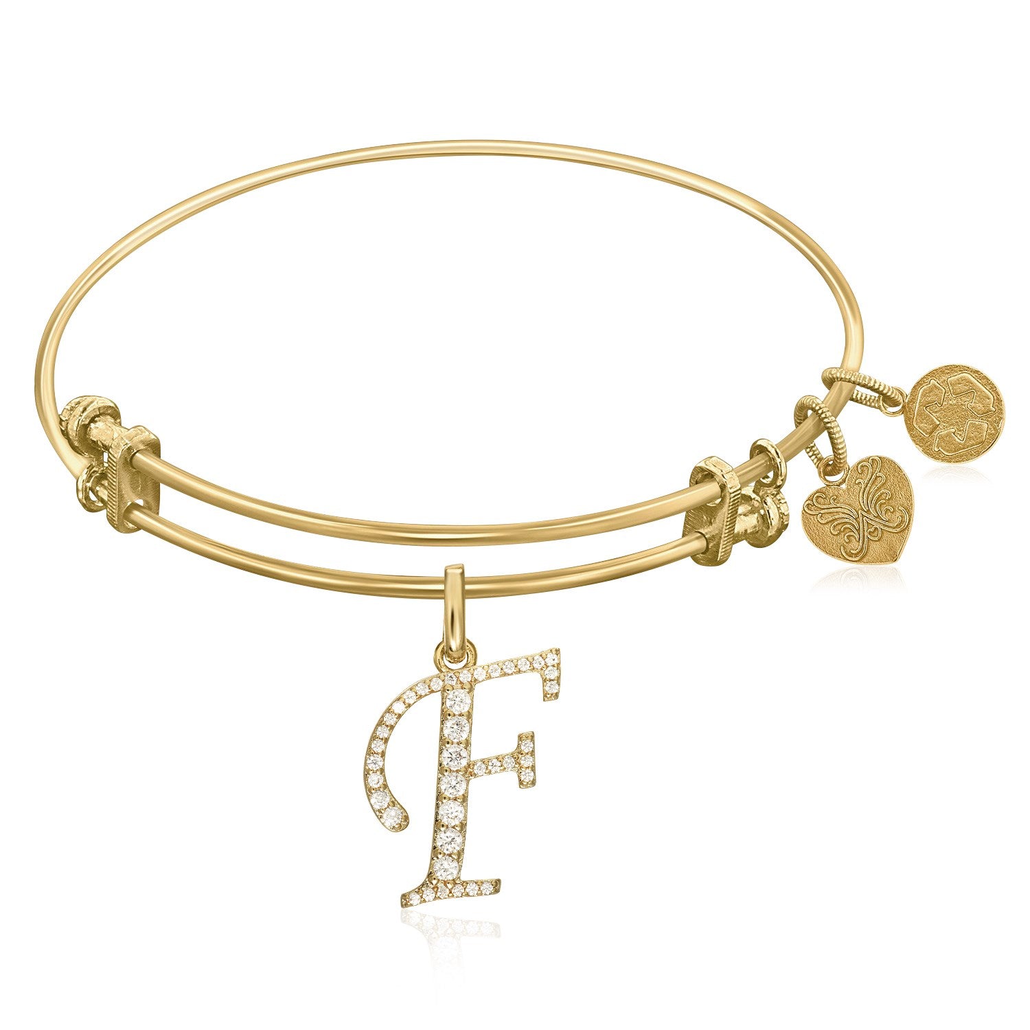 Expandable Yellow Tone Brass Bangle with F Symbol with Cubic Zirconia