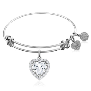 Expandable White Tone Brass Bangle with Heart Shaped Cubic Zirconia
