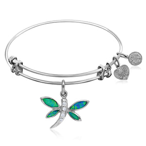 Expandable White Tone Brass Bangle with Dragonfly Symbol with Opal