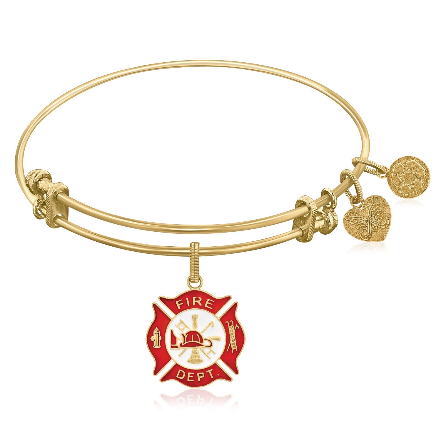 Expandable Yellow Tone Brass Bangle with Red Enamel Fire Fighter Symbol