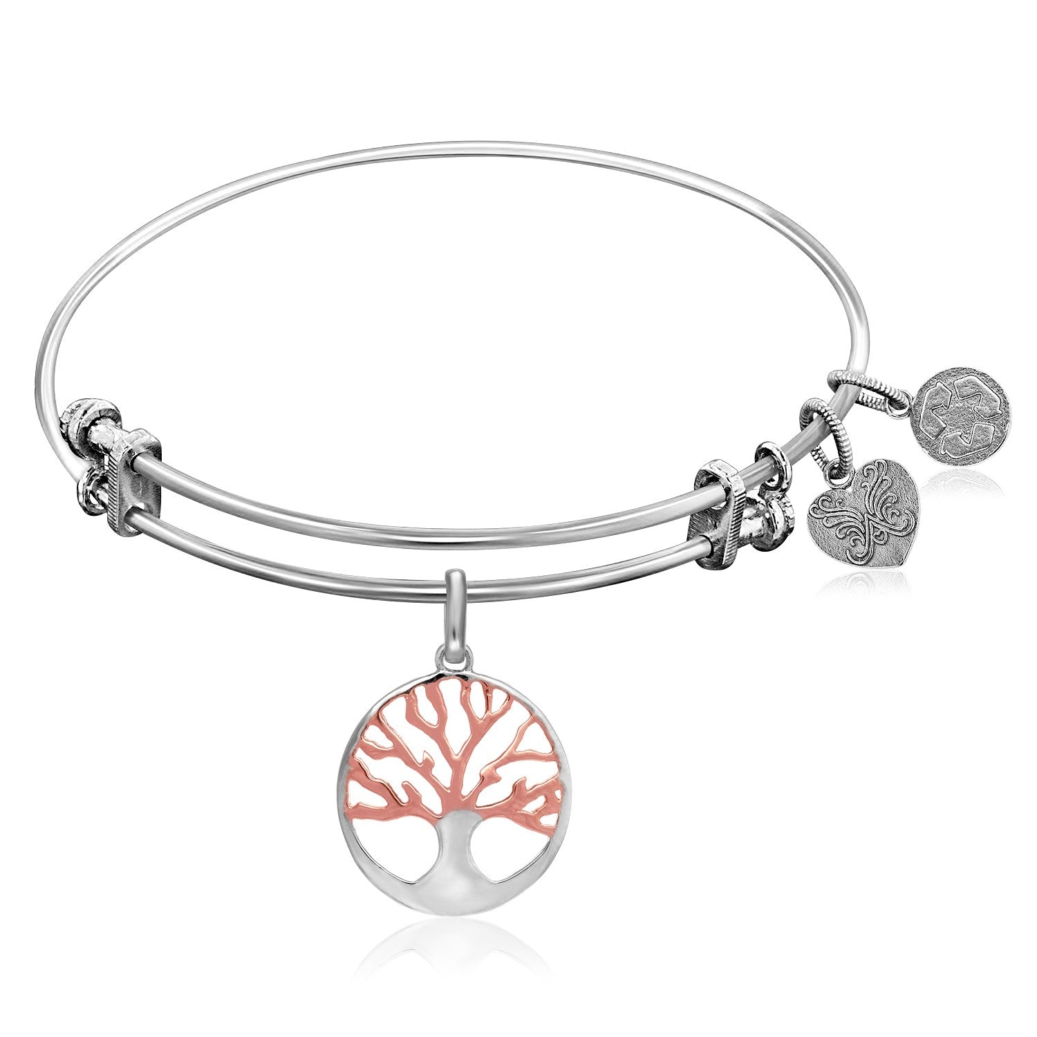 Expandable White Tone Brass Bangle with Pink and White Tone Tree of Life Symbol