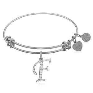Expandable White Tone Brass Bangle with F Symbol with Cubic Zirconia