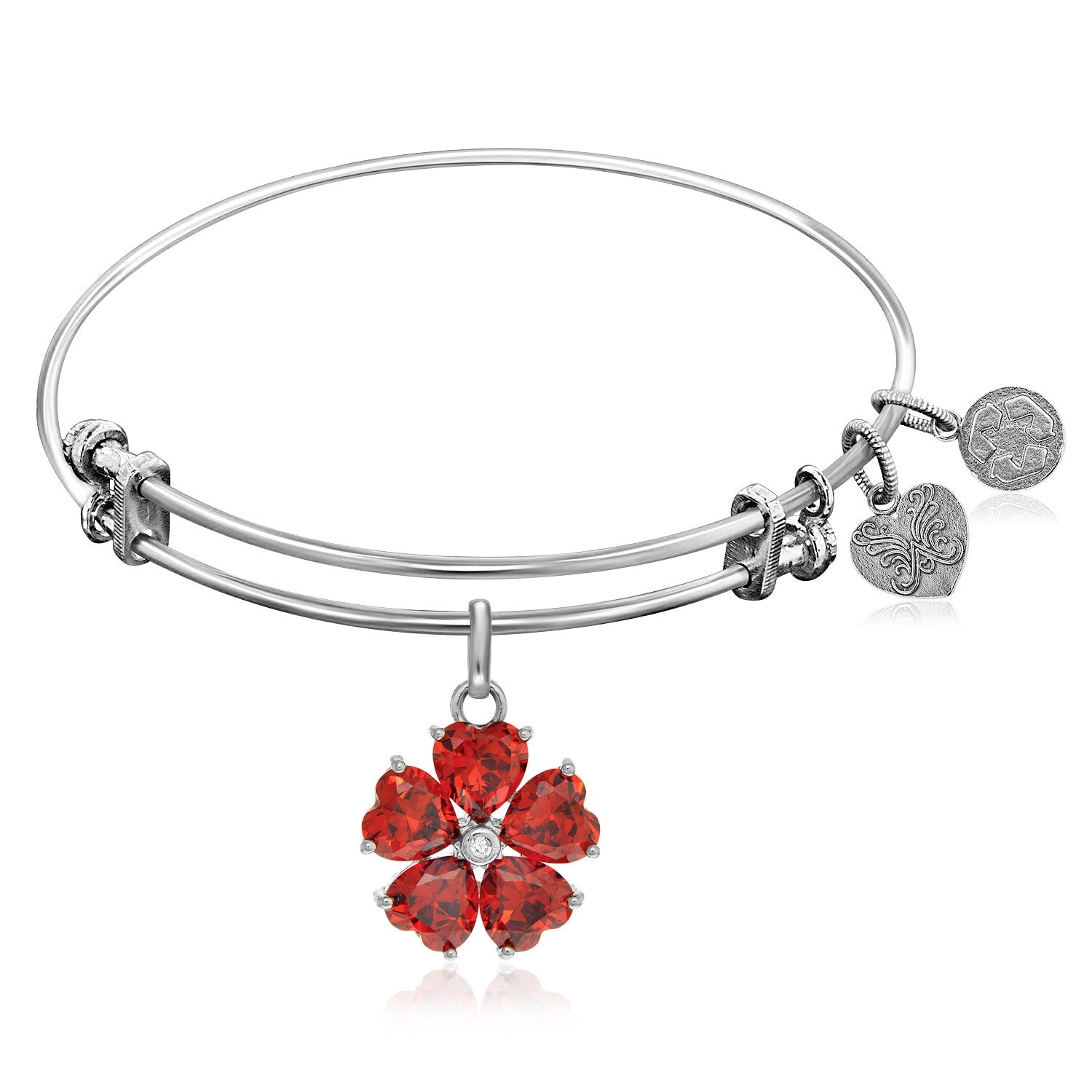 Expandable White Tone Brass Bangle with Red and White Cubic Zirconia Flower