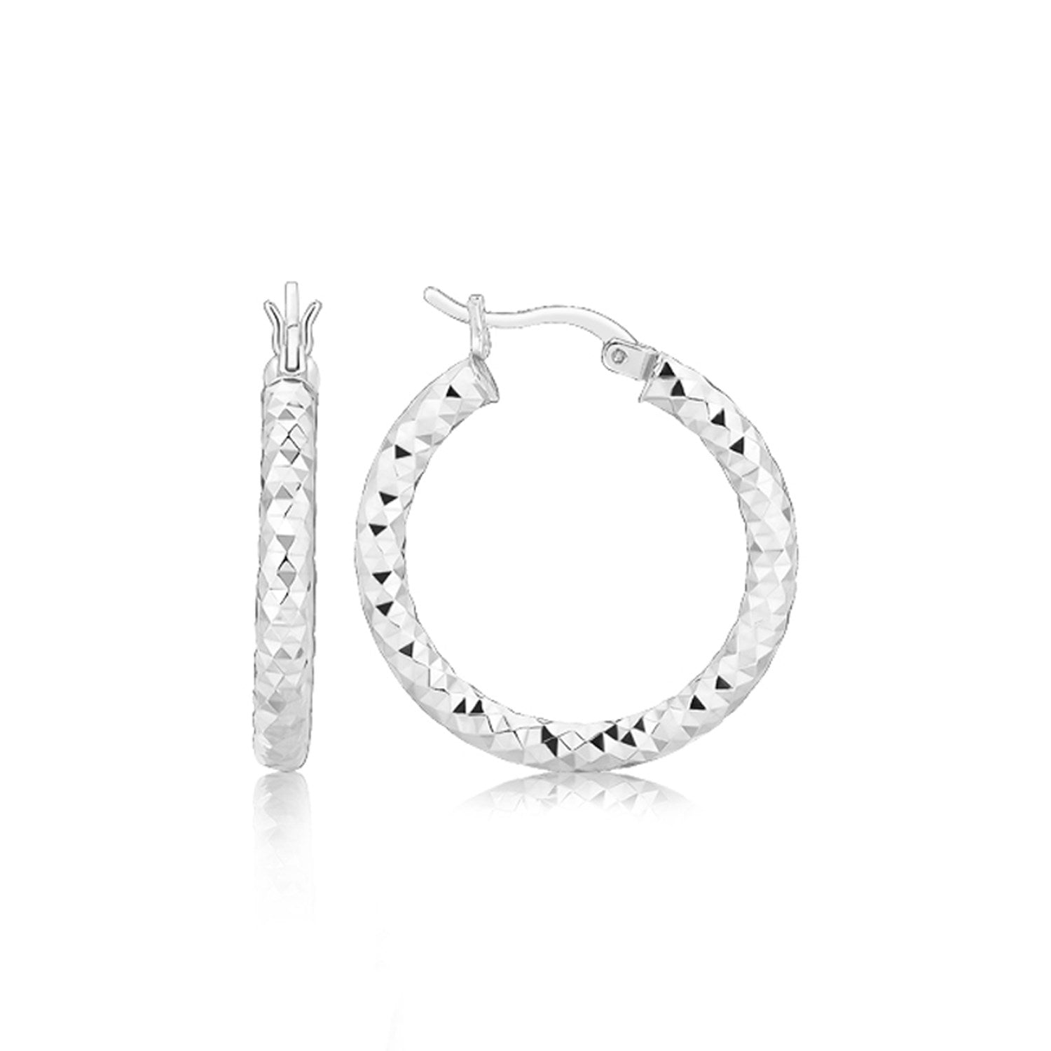 Sterling Silver Faceted Style Hoop Earrings with Rhodium Finishing