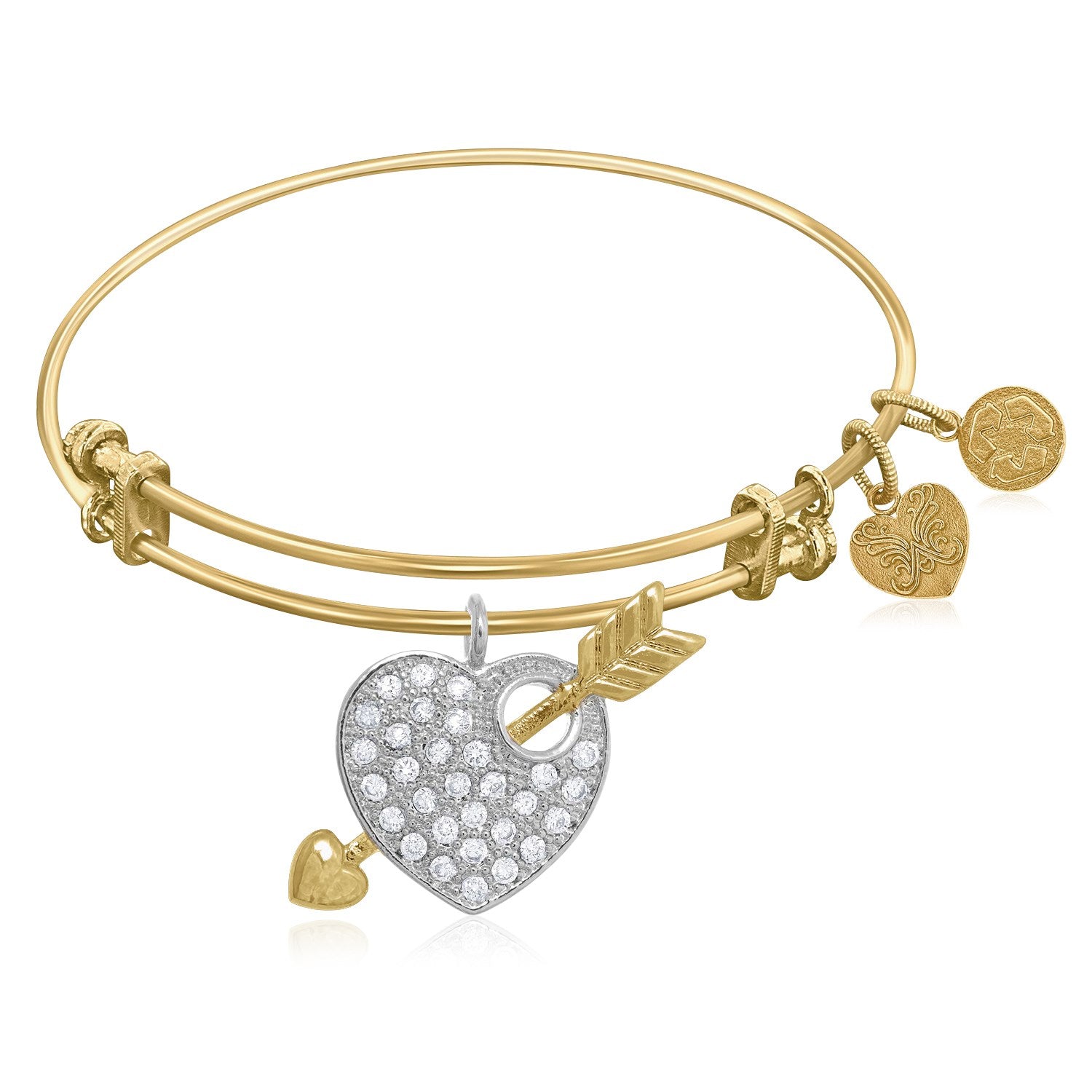 Expandable Yellow Tone Brass Bangle with Heart and Arrow with Cubic Zirconia