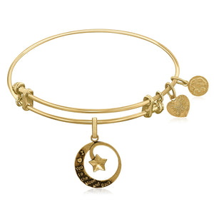 Expandable Yellow Tone Brass Bangle with Love You To The Moon and Back Symbol