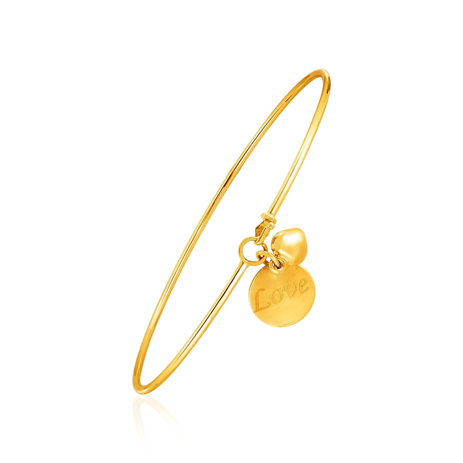 14k Yellow Gold Bangle with EngravedLove and Puffed Heart Charms14k Yellow Gold Bangle with Engraved