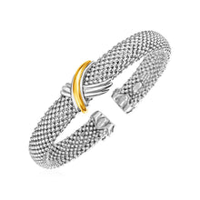 Load image into Gallery viewer, Popcorn Texture Cuff Bangle with X Motif in Sterling Silver and 18k Yellow Gold
