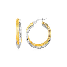 Load image into Gallery viewer, Two Part Textured and Shiny Hoop Earrings in 14k Yellow and White Gold

