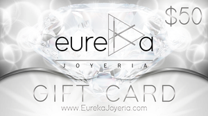 Gift card silver with logo Eureka Joyeria amount $50 USD and website www.eurekajoyeria.com